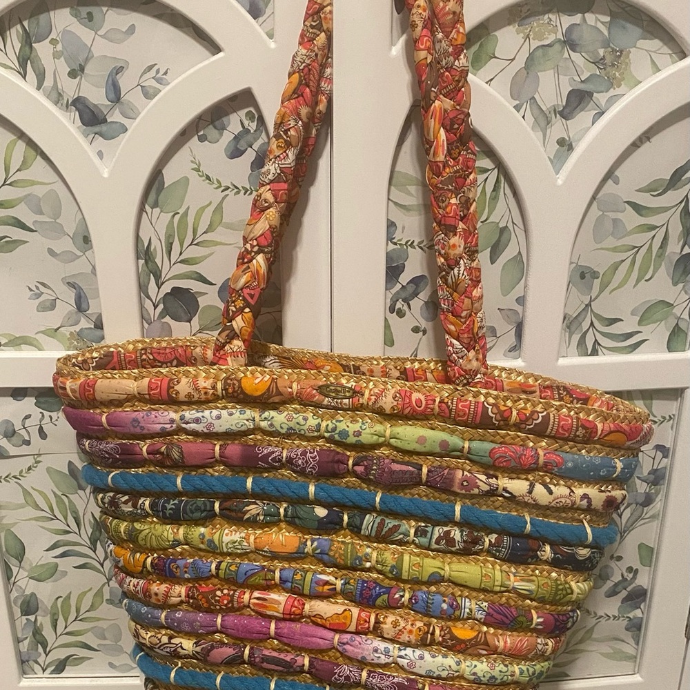 Large cappelli straworld fabric tote/beachbag/purse with braided straps boho